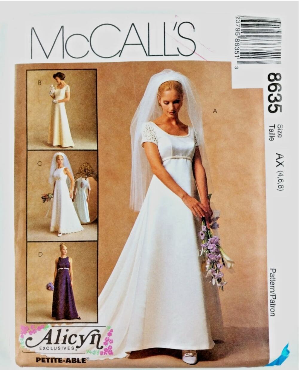 McCALL'S 8635 PATTERN ALICYN BRIDAL GOWN WEDDING BRIDESMAID DRESS EMPIRE 4-8 UC